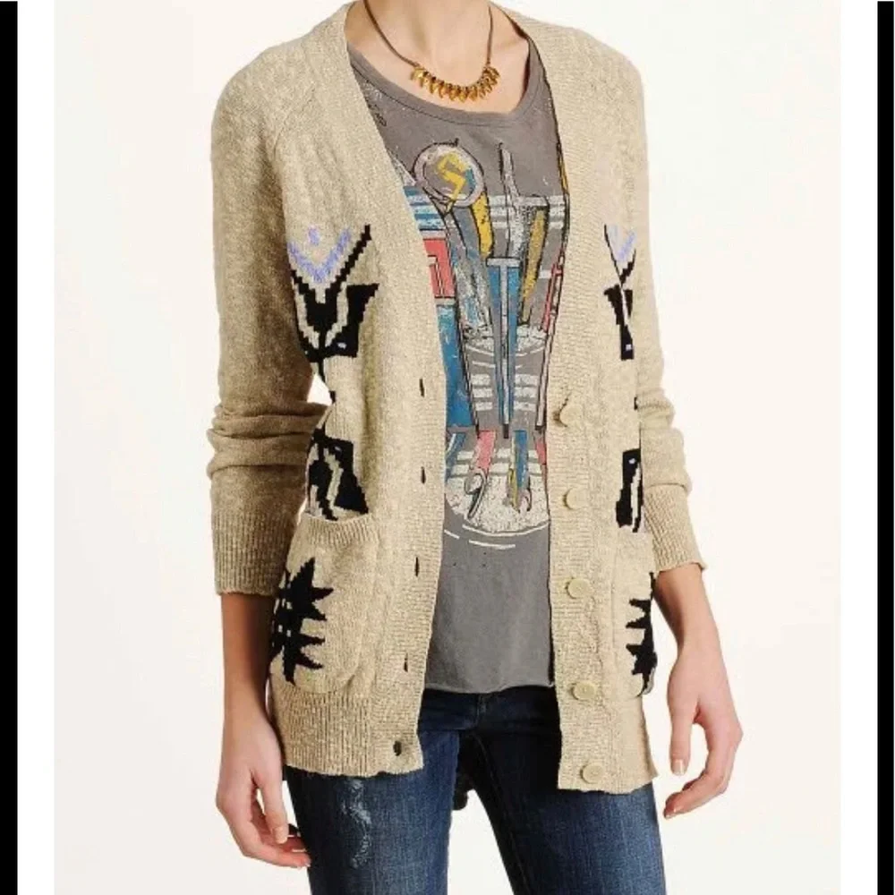 Sanctuary Ranch Aztec Oatmeal woven v-neck button down cardigan M - Picture 4 of 12